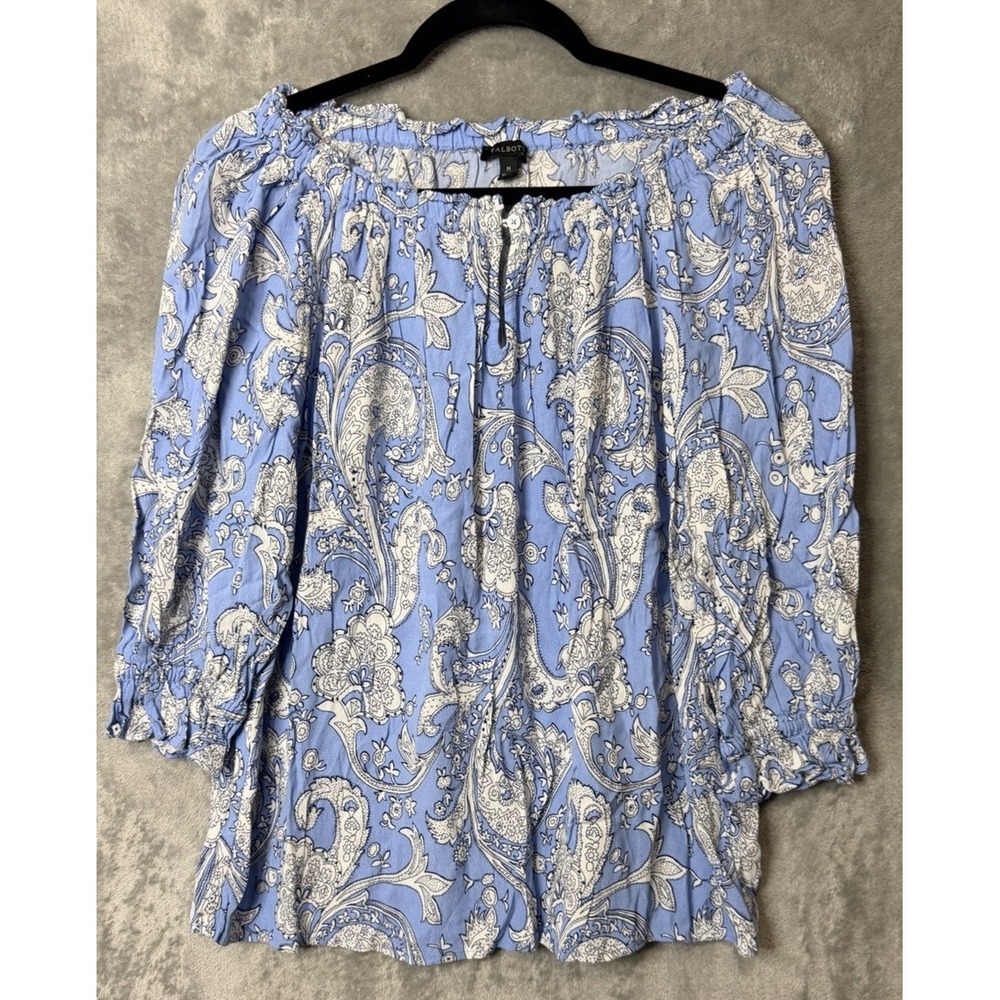 Talbots Womens Blue White Paisley‎ Viscose Peasant Blouse 3/4 Sleeve Size M - Picture 2 of 7